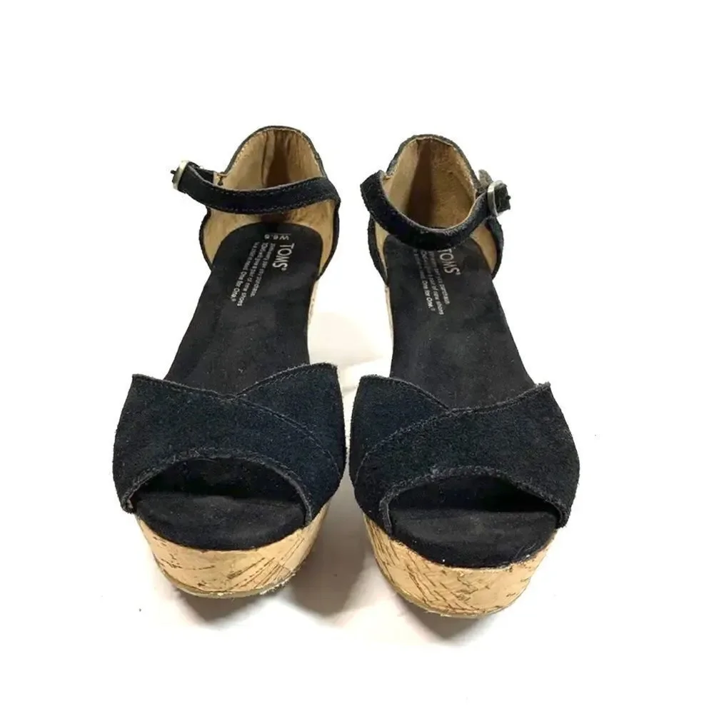 Toms Black Suede Leather Cork Wedge Open Toe Platform Sandals Women Size 6.5